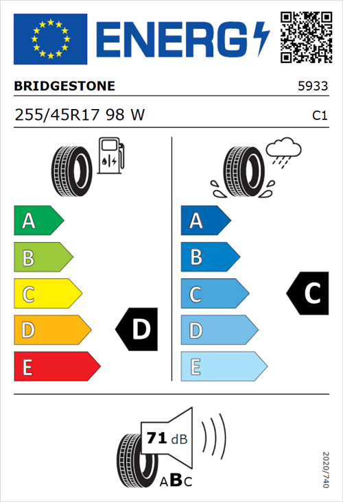 Tyre Label for Bridgestone Potenza S001 255/45R17 98W