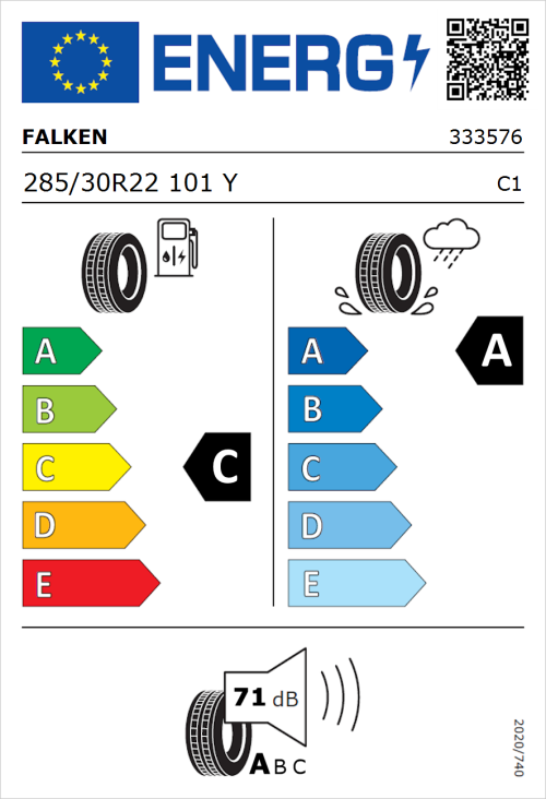 Tyre Label for Falken Azenis FK510 285/30R22 101Y