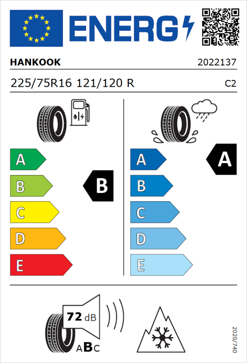 Tyre Label for Hankook Vantra Transit (RA58) 225/75R16 121/120R